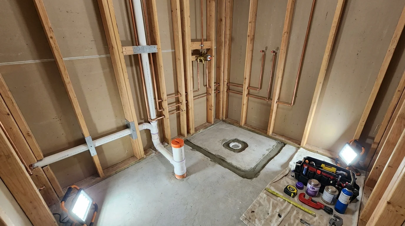 Bathroom rough-in plumbing during remodel by Johns Plumbing LLC in Erin