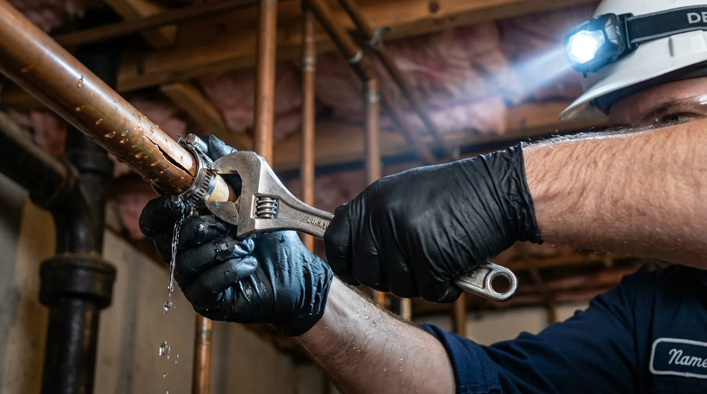 Emergency pipe clamp repair being performed by a Johns Plumbing LLC plumber in Erin