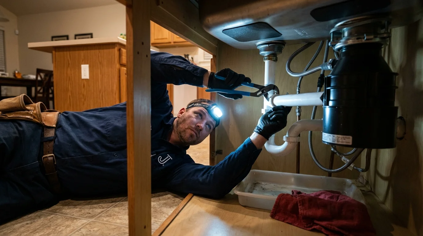 P-trap and supply line connections under a kitchen sink showing a common leak point in Erin, TN